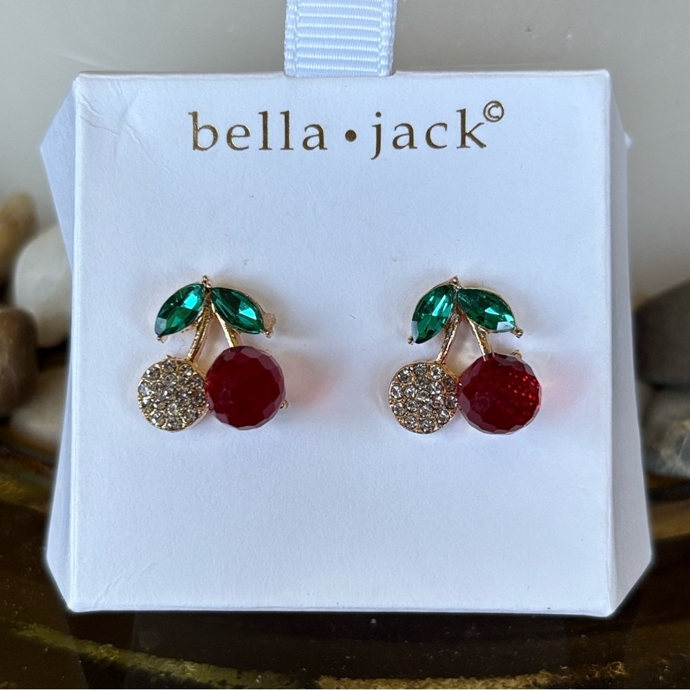 Brand New Bella Jack Red Cherries Crystal Rhinestone Post Earrings Studs Pierced - Picture 12 of 12